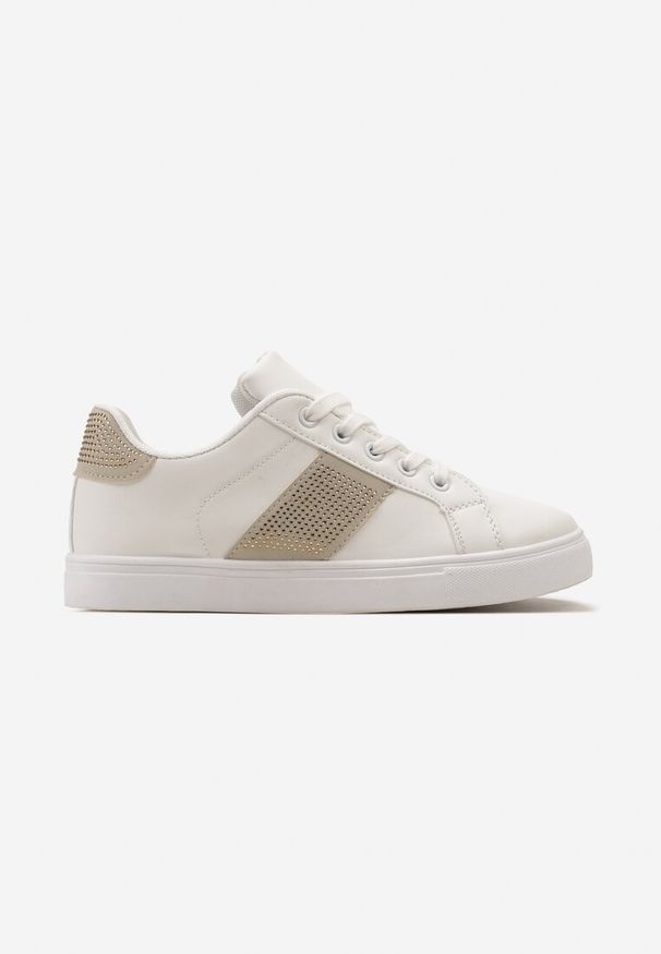 Born2be - Biało-Beżowe Sneakersy Ozdobione Cyrkoniami Perlara. Nosek buta: okrągły. Zapięcie: sznurówki. Kolor: biały. Materiał: materiał. Wzór: aplikacja. Obcas: na obcasie. Wysokość obcasa: niski