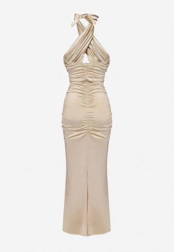 Born2be - Beżowa Satynowa Sukienka Wiązana na Szyi z Wycięciem pod Biustem i Różyczką Roneza. Kolor: beżowy. Materiał: satyna. Styl: elegancki