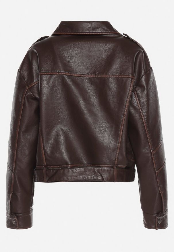 Born2be - Brązowa Kurtka Ramoneska Vintage z Imitacji Skóry z Asymetrycznym Suwakiem i Patkami Kimina. Kolor: brązowy. Materiał: skóra. Styl: vintage