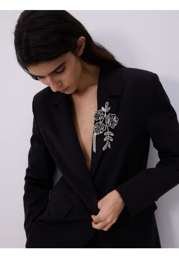 Reserved - Taliowana marynarka z wełną - czarny. Kolor: czarny. Materiał: wełna