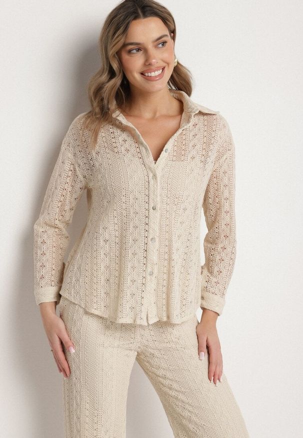 Born2be - Beżowy Ażurowy Komplet z Bawełną Koszula i Szerokie Spodnie Folessae. Kolor: beżowy. Materiał: bawełna. Wzór: ażurowy