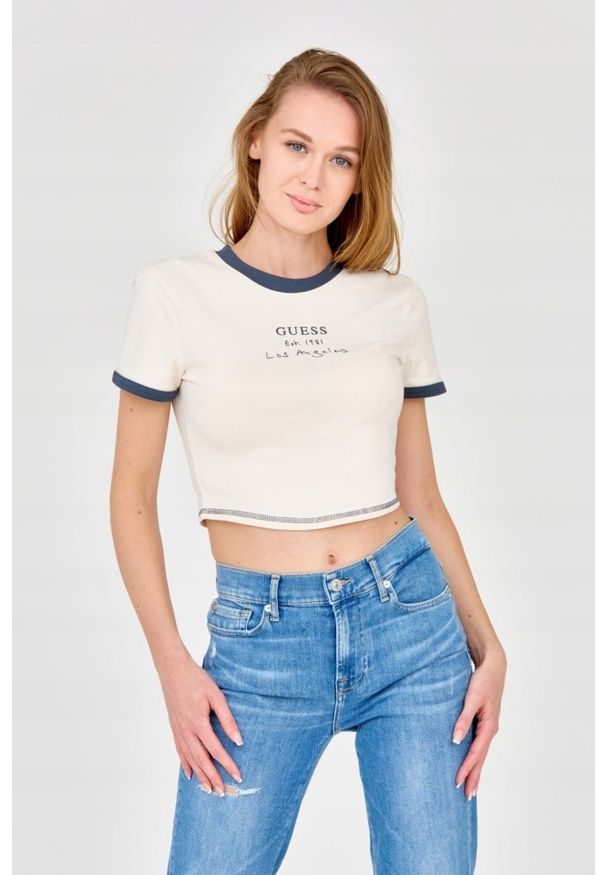 Guess - GUESS Ecru damski crop top, Rozmiar L. Kolor: biały. Materiał: bawełna. Długość: krótkie