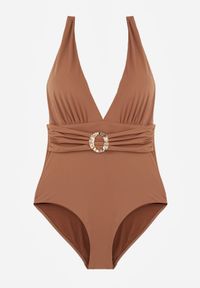 Renee - Brązowy Strój Kąpielowy Jednoczęściowy z Metaliczną Aplikacją i Marszczeniem Kylrahne. Kolekcja: plus size. Kolor: brązowy. Materiał: len. Wzór: aplikacja #2