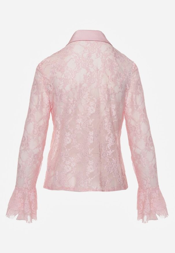 Born2be - Różowa Koszula Koronkowa z Wiskozy z Bawełną Ozdobiona Falbanami Hermerine. Kolor: różowy. Materiał: wiskoza, bawełna, koronka. Wzór: aplikacja. Styl: elegancki, klasyczny