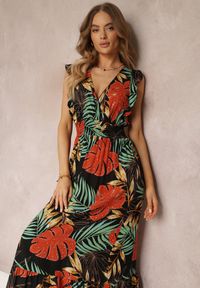 Renee - Czarna Kopertowa Sukienka Maxi z Wiskozy z Gumkami w Talii Leamone. Typ kołnierza: kołnierz z falbankami. Kolor: czarny. Materiał: wiskoza. Długość rękawa: bez rękawów. Typ sukienki: kopertowe. Długość: maxi #5