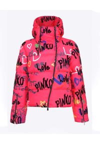 Pinko - PINKO - Różowa kurtka puchowa z nadrukiem graffiti. Typ kołnierza: kaptur. Kolor: różowy, wielokolorowy, fioletowy. Materiał: puch. Długość rękawa: długi rękaw. Długość: długie. Wzór: nadruk #4