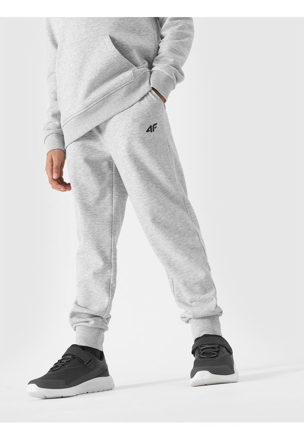 4f - 4F Spodnie dresowe joggery chłopięce - szare 158 (12-13 lat). Okazja: na co dzień. Kolor: szary. Materiał: dresówka. Wzór: gładki, ze splotem. Sezon: lato. Styl: casual, sportowy