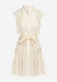 Born2be - Jasnobeżowa Koszulowa Sukienka Mini z Falbankami i Wiązanym Paskiem Divertire. Typ kołnierza: kołnierz z falbankami. Kolor: beżowy. Materiał: materiał, tkanina. Typ sukienki: koszulowe. Długość: mini #6