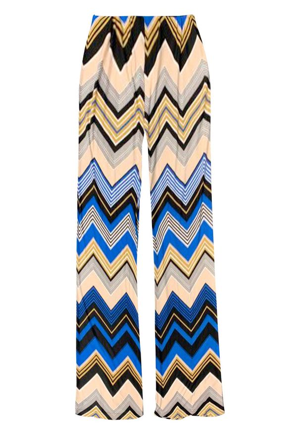 Spodnie z dżerseju bonprix niebiesko-beżowy w graficzny wzór. Kolor: niebieski. Materiał: jersey