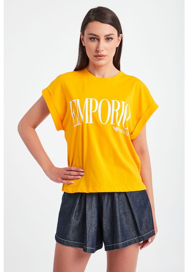 Emporio Armani Swimwear - T-SHIRT EMPORIO ARMANI SWIMWEAR. Materiał: materiał, bawełna. Długość rękawa: krótki rękaw. Długość: krótkie. Wzór: nadruk