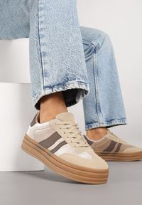 Born2be - Ciemnobeżowe Sneakersy w Stylu Klasycznych Tenisówek na Grubej Podeszwie Tuluvia. Okazja: na spacer. Kolor: beżowy. Materiał: jeans. Sport: turystyka piesza