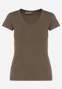 Born2be - Ciemnozielony T-shirt z Bawełny z Dekoltem w Serek Liniviela. Okazja: na co dzień. Typ kołnierza: dekolt w serek. Kolor: zielony. Materiał: bawełna. Styl: casual #3