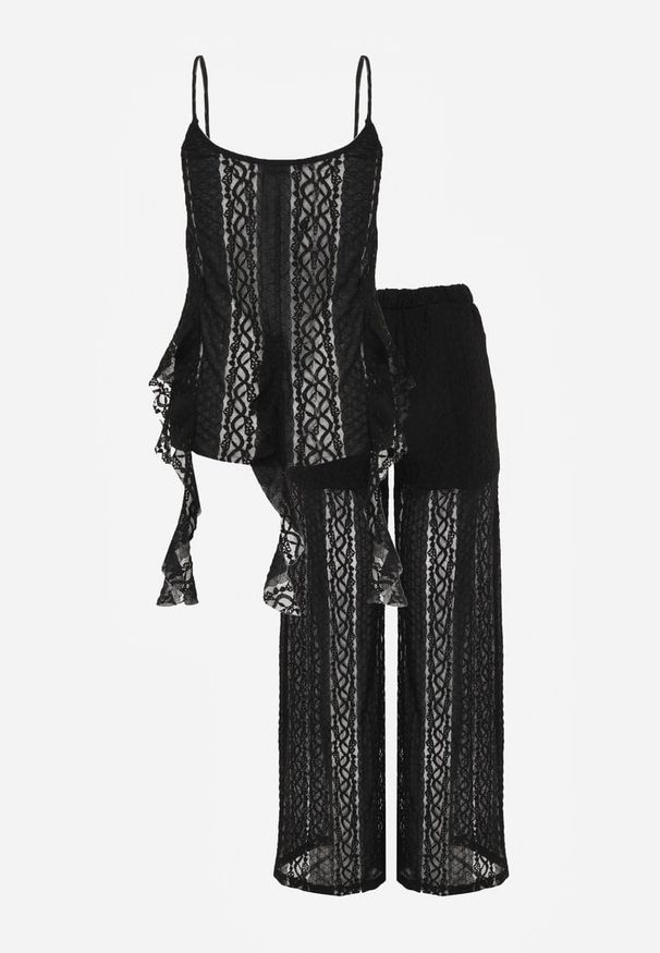 Renee - Czarny Eteryczny Komplet z Koronką i Falbankami Top i Spodnie Wide Leg Pretilaine. Kolor: czarny. Materiał: koronka. Wzór: koronka