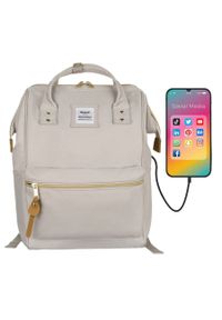 Plecak beżowy z portem USB na laptopa 13,3" - Himawari. Kolor: beżowy. Materiał: materiał. Styl: elegancki
