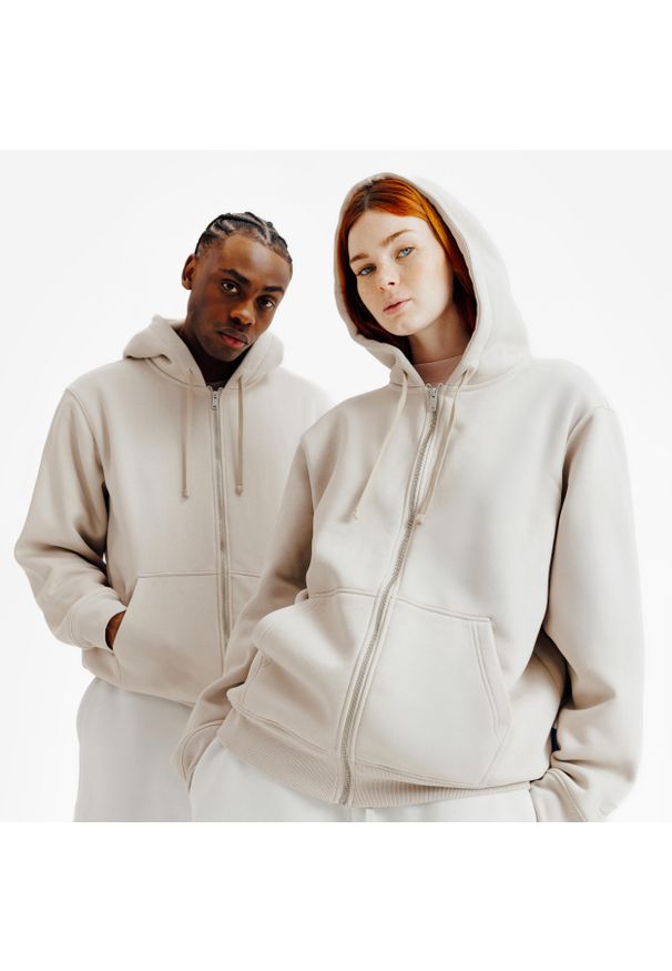 Decathlon - Bluza na suwak unisex Elementals. Typ kołnierza: kaptur. Kolor: beżowy. Materiał: tkanina, elastan, prążkowany, bawełna, materiał, poliester