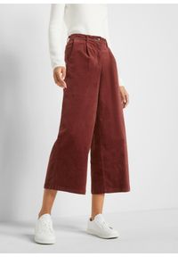 bonprix - Szerokie spodnie sztruksowe culotte high-waist z wygodnym paskiem, dł. 7/8. Stan: podwyższony. Kolor: brązowy. Materiał: sztruks