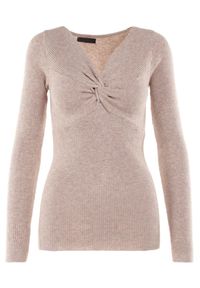 Born2be - Beżowy Sweter Ampippe. Kolor: beżowy. Materiał: dzianina, prążkowany. Długość rękawa: długi rękaw. Długość: długie. Wzór: jednolity, aplikacja
