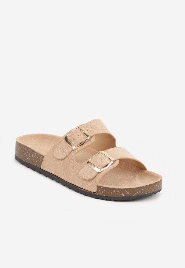 Born2be - Ciemnobeżowe Klapki z Regulowanymi Paskami i Profilowaną Wkładką Rida. Okazja: na co dzień. Kolor: beżowy. Materiał: len, jeans. Wzór: paski. Sezon: lato. Styl: casual
