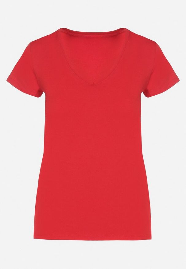 Born2be - Czerwony T-shirt z Bawełny z Dekoltem w Serek Liniviela. Okazja: na co dzień. Typ kołnierza: dekolt w serek. Kolor: czerwony. Materiał: bawełna. Styl: casual