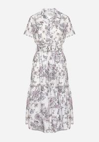 Born2be - Biało-Szara Koktajlowa Sukienka w Kwiaty z Gumką w Talii i Ozdobnym Paskiem Vimaretta. Okazja: na co dzień. Kolor: biały. Materiał: jeans, tkanina. Wzór: kwiaty. Sezon: lato. Styl: wizytowy #5