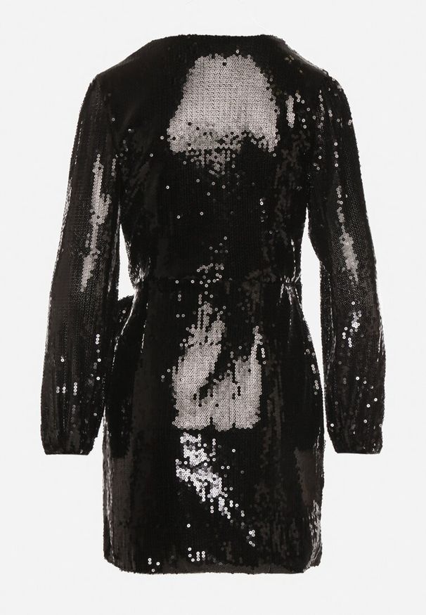 Born2be - Czarna Cekinowa Sukienka o Kopertowym Kroju z Wiązaniem w Talii Eprelle. Okazja: na imprezę. Kolor: czarny. Długość rękawa: długi rękaw. Wzór: aplikacja, gładki. Typ sukienki: kopertowe. Styl: elegancki