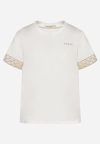 Born2be - Biały T-shirt z Bawełny Zdobiony Koronką z Cekinami Pollea. Okazja: na co dzień. Kolor: biały. Materiał: bawełna, koronka. Długość rękawa: krótki rękaw. Długość: krótkie. Wzór: aplikacja, koronka. Styl: klasyczny, casual #3