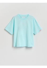 Reserved - Luźny t-shirt z nadrukiem - jasnoturkusowy. Kolor: turkusowy. Materiał: bawełna. Wzór: nadruk #1