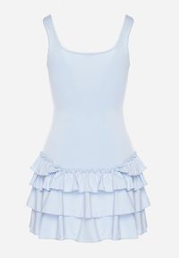 Born2be - Niebieska Sukienka z Wiskozą Ozdobiona Falbankami Ovinia. Okazja: na co dzień. Typ kołnierza: kołnierz z falbankami. Kolor: niebieski. Materiał: wiskoza. Długość rękawa: na ramiączkach. Wzór: aplikacja. Styl: casual #3