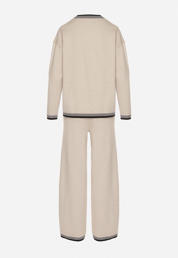 Born2be - Jasnobeżowy Dzianinowy Komplet z Ozdobną Lamówką Sweter i Szerokie Spodnie Ralenae. Kolor: beżowy. Materiał: dzianina