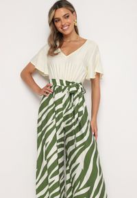 Born2be - Zielono-Beżowy Taliowany Kombinezon z Szerokimi Nogawkami i Paskiem w Talii Nellma. Okazja: na co dzień. Kolor: zielony. Materiał: wiskoza. Długość rękawa: krótki rękaw. Długość: krótkie. Styl: casual, elegancki #7