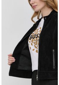 BOSS - Boss kurtka zamszowa damska kolor czarny przejściowa. Kolor: czarny. Materiał: zamsz. Wzór: gładki #5