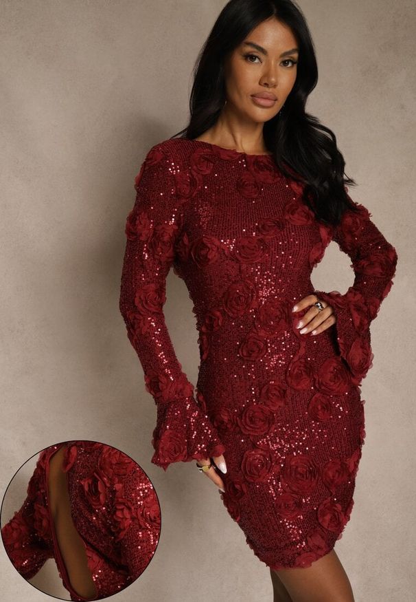 Renee - Bordowa Dopasowana Sukienka Ozdobiona Cekinami i Kwiatami 3D Raweda. Okazja: na co dzień, na imprezę. Kolor: czerwony. Materiał: poliester. Wzór: aplikacja, kwiaty. Sezon: wiosna. Styl: casual. Długość: midi
