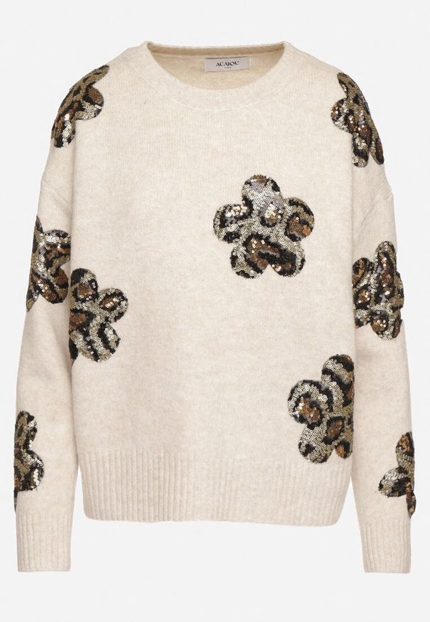 Born2be - Beżowy Sweter z Kwiatowymi Naszywkami i Cekinami Ciadora. Okazja: na co dzień. Kolor: beżowy. Materiał: jeans. Wzór: aplikacja, kwiaty. Styl: casual, elegancki