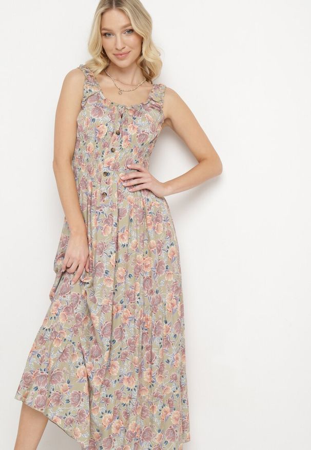 Born2be - Jasnozielona Rozkloszowana Sukienka Bawełniana w Kwiatowy Print z Guzikami Jamallia. Okazja: na co dzień. Kolor: zielony. Materiał: bawełna. Wzór: kwiaty, nadruk. Typ sukienki: proste. Styl: casual, klasyczny