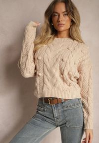 Renee - Beżowy Sweter z Wełną i Wiskozą Ozdobiony Tłoczeniem i Kulkami Vaiannae. Kolor: beżowy. Materiał: wiskoza, wełna. Wzór: aplikacja. Sezon: zima #2
