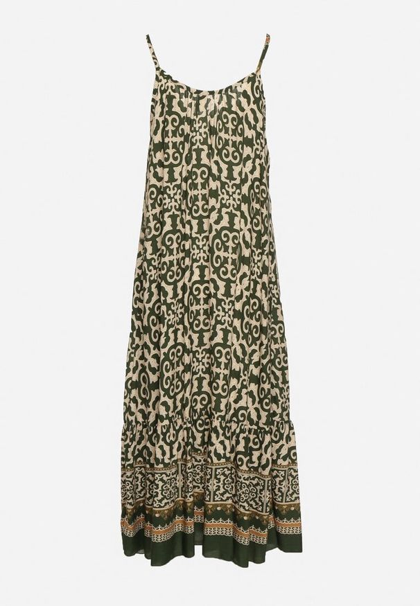 Born2be - Ciemnozielona Bawełniana Sukienka o Rozkloszowanym Kroju na Cienkich Ramiączkach Nellarra. Kolor: zielony. Materiał: bawełna. Długość rękawa: na ramiączkach. Sezon: lato. Styl: elegancki