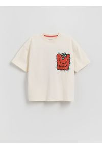 Reserved - Bawełniany t-shirt z nadrukiem - złamana biel. Materiał: bawełna. Wzór: nadruk