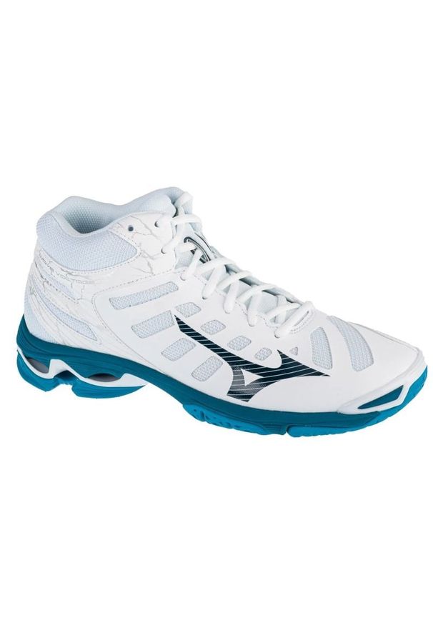 Buty do siatkówki Mizuno Wave Voltage Mid M V1GA216586 białe. Zapięcie: sznurówki. Kolor: biały. Materiał: syntetyk, guma. Model: Mizuno Wave. Sport: siatkówka