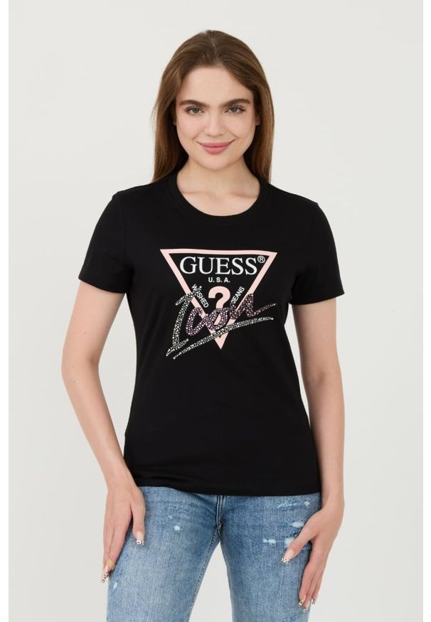 Guess - GUESS Czarny damski t-shirt bawełniany Icon Tee, Rozmiar M. Kolor: czarny. Materiał: bawełna