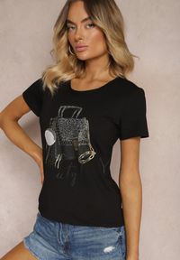 Renee - Czarny T-shirt z Bawełny z Krótkim Rękawem Ozdobiony Nadrukiem z Cyrkoniami Laronea. Okazja: na co dzień. Kolor: czarny. Materiał: bawełna. Długość rękawa: krótki rękaw. Długość: krótkie. Wzór: nadruk, aplikacja. Styl: casual, elegancki #4