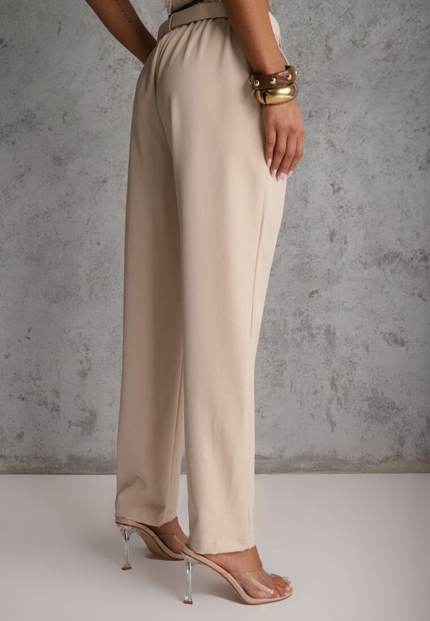 Renee - Beżowe Spodnie High Waist o Fasonie Cygaretek z Paskiem ze Sprzączką Glaclea. Stan: podwyższony. Kolor: beżowy. Styl: elegancki
