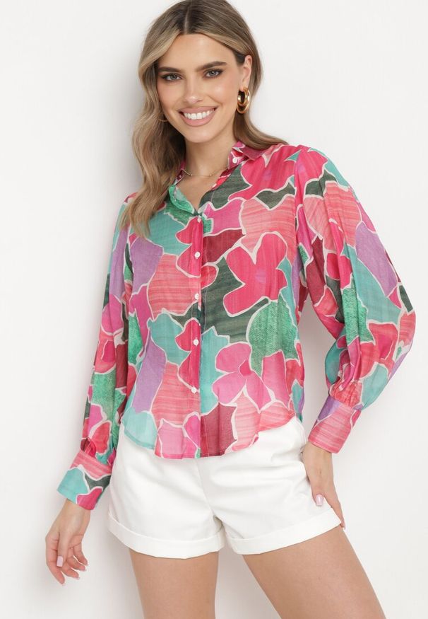 Born2be - Różowo-Zielona Koszula Zapinana na Guziki z Rękawami Wykończonymi Szerokimi Mankietami Fumina. Okazja: na co dzień. Kolor: różowy. Materiał: jeans, wiskoza. Styl: casual, elegancki