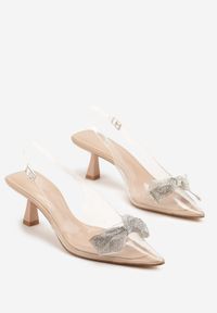 Renee - Beżowe Transparentne Sandały na Kaczuszce Slingback z Cyrkonii i Kokardą Banolia. Zapięcie: sprzączka. Kolor: beżowy. Obcas: na szpilce. Styl: wizytowy. Wysokość obcasa: średni #4