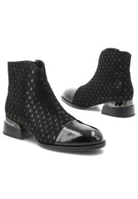 Czarne Botki S.Barski Wzorzyste Obuwie Damskie. Okazja: na co dzień. Zapięcie: zamek. Kolor: czarny. Materiał: lakier, materiał. Sezon: zima, jesień. Obcas: na obcasie. Styl: casual. Wysokość obcasa: średni #6