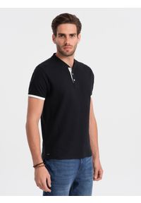 Ombre Clothing - Męska koszulka polo bez kołnierzyka - czarna V8 - Rozmiar: M. Typ kołnierza: polo, bez kołnierzyka. Kolor: czarny. Materiał: bawełna. Długość: długie #3