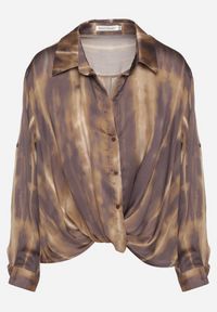 Renee - Brązowa Drapowana Koszula z Rękawami z Możliwością Podpięcia Estalana. Okazja: na co dzień. Typ kołnierza: kołnierzyk klasyczny. Kolor: brązowy. Długość rękawa: długi rękaw. Długość: długie. Wzór: aplikacja. Styl: casual, klasyczny, retro #3