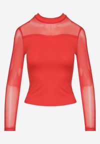 Renee - Czerwona Bluzka Golf Vices z Przezroczystymi Rękawami Kariale. Okazja: na co dzień. Typ kołnierza: golf. Kolor: czerwony. Materiał: jeans. Styl: casual, elegancki #3