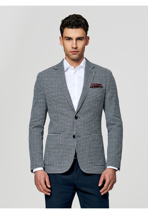 Pako Lorente - PAKO LORENTE – Granatowa marynarka w pepitkę. Kolor: niebieski, beżowy. Materiał: poliester, bawełna