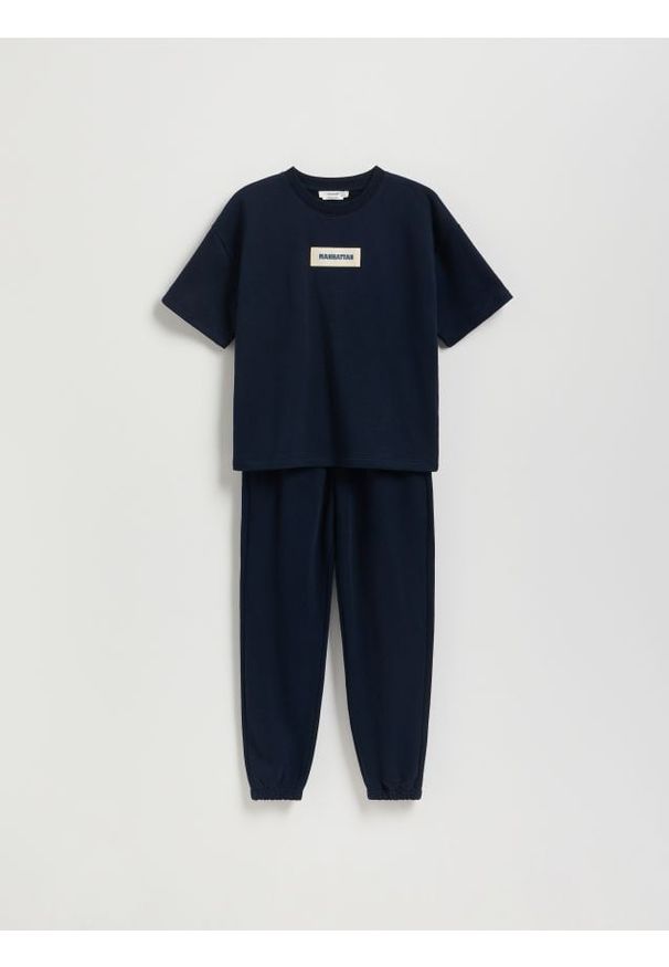 Reserved - Dzianinowy komplet z bawełną - granatowy. Kolor: niebieski. Materiał: dzianina, bawełna