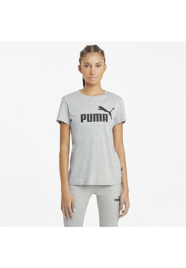 Puma - Damska koszulka z logo Essentials PUMA Light Gray Heather. Kolor: wielokolorowy, czarny, szary